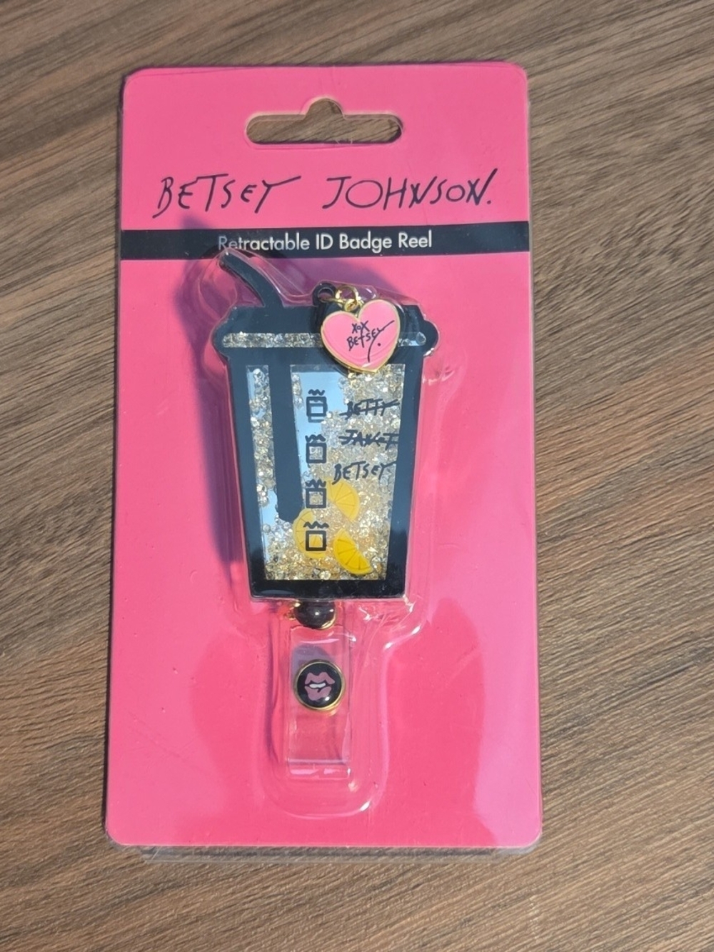 Betsey Johnson Black & Gold Glitter Drink-Shaped Retractable Badge Reel